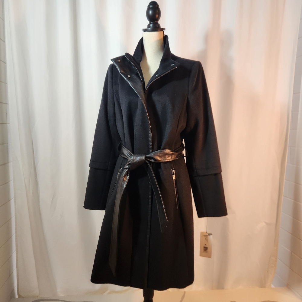 NWT Via Spiga Black Fauz Leather Wool Women's Coat Size L